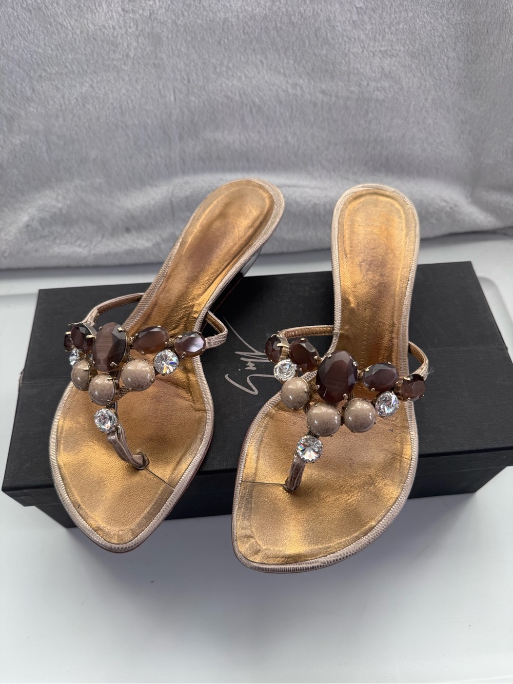 Giuseppe Zanotti Bronze Jeweled Thong Sandals